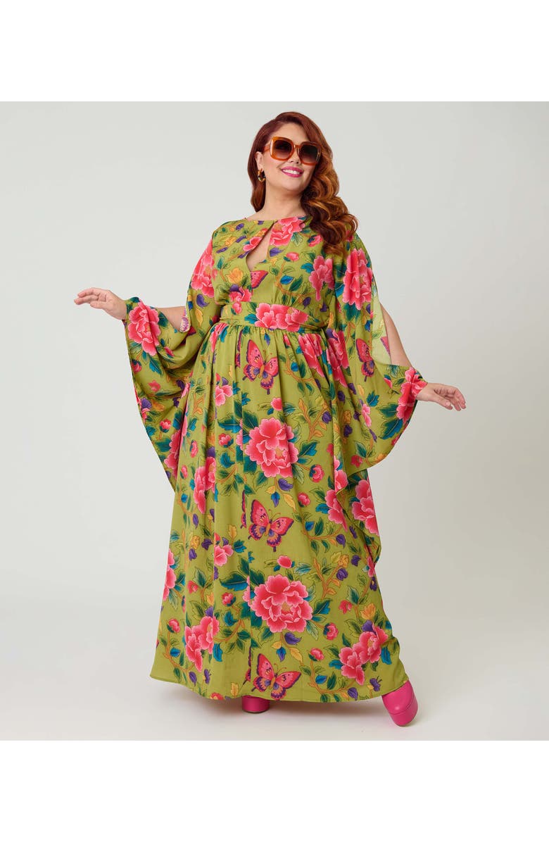 Unique Vintage Plus Size 1960s Flutter Sleeve Caftan, Alternate, color, Green W/ Butterfly Print