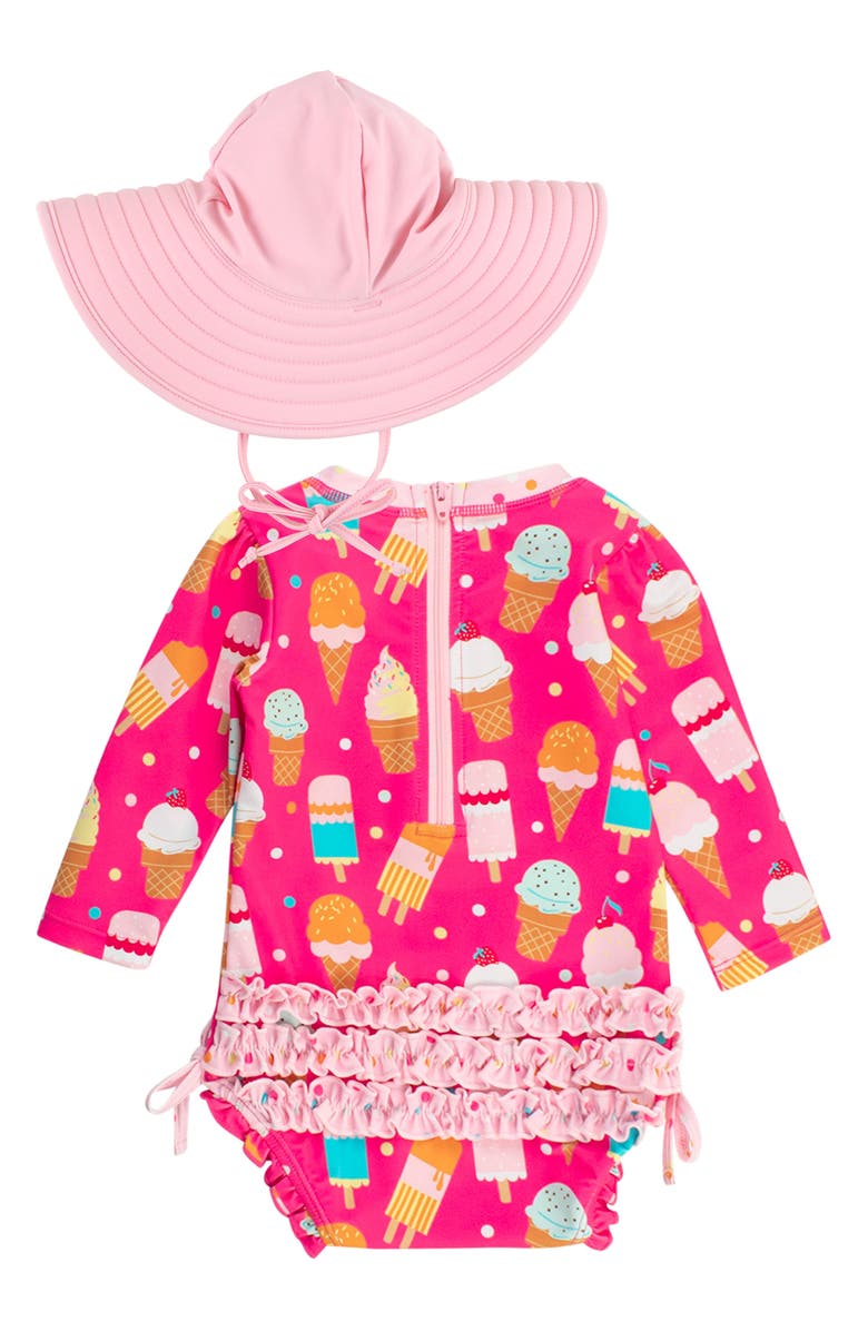 RuffleButts Sweet Scoops Long Sleeve One-Piece Rashguard & Hat Set, Alternate, color, Pink