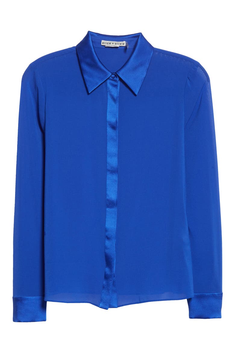 Willa Mixed Media Stretch Silk Button-Up Blouse, Alternate, color, ROYALTY