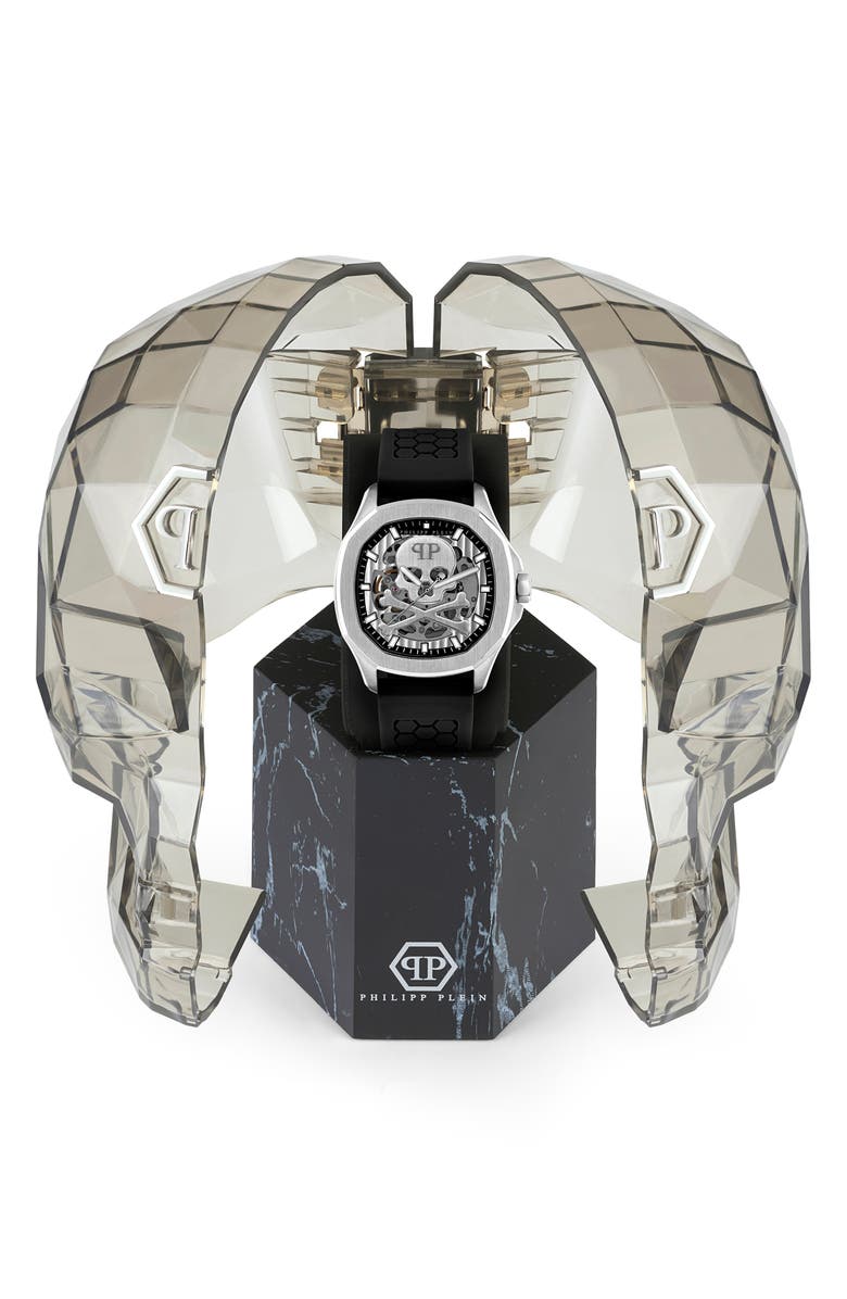 PHILIPP PLEIN Skeleton Spectre Silicone Strap Watch, 42mm, Alternate, color, Stainless Steel