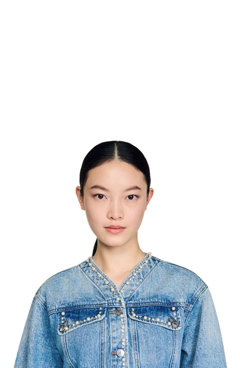 SANDRO Beaded denim jacket, Alternate, color, Blue Jean