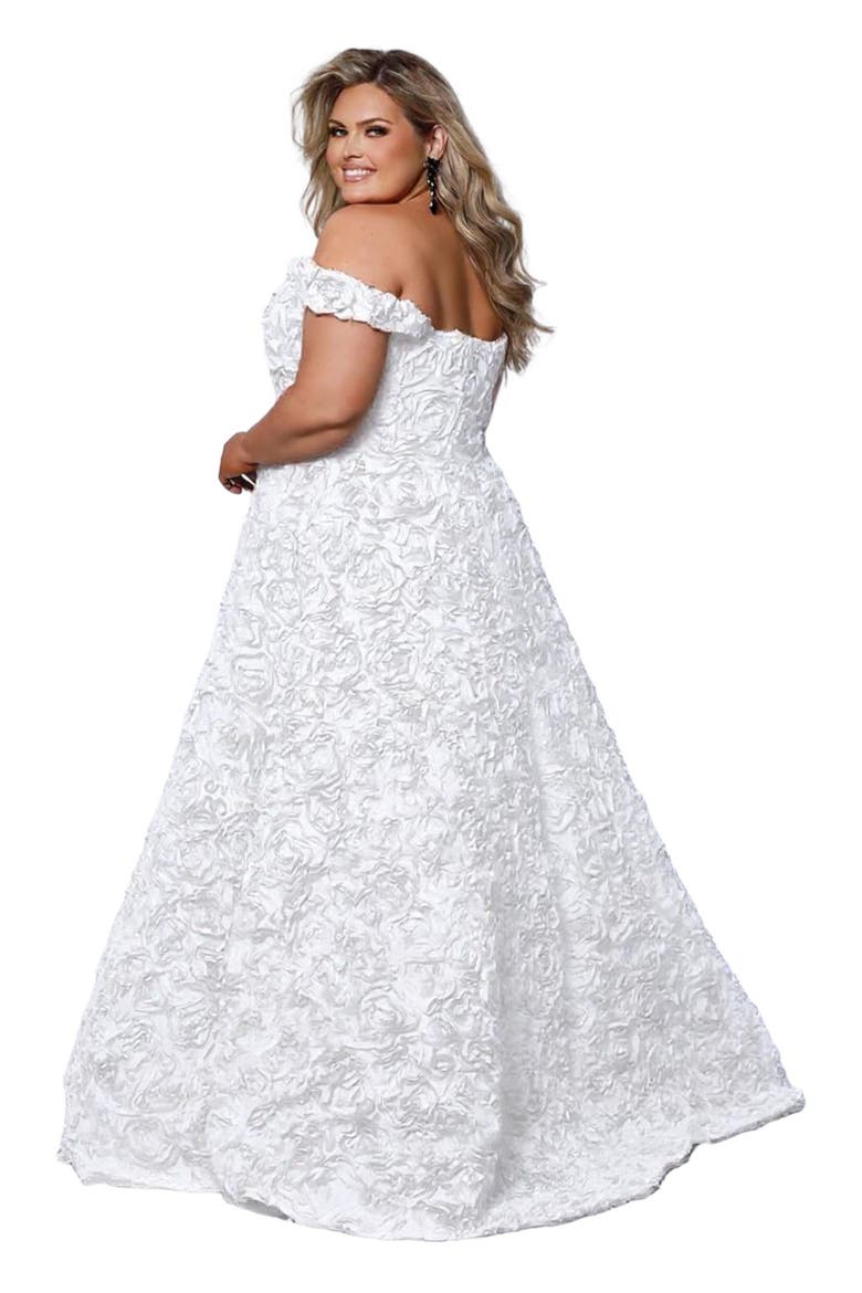 Off-The-Shoudler A-Line Plus Size Evening Gown, Alternate, color, Ivory