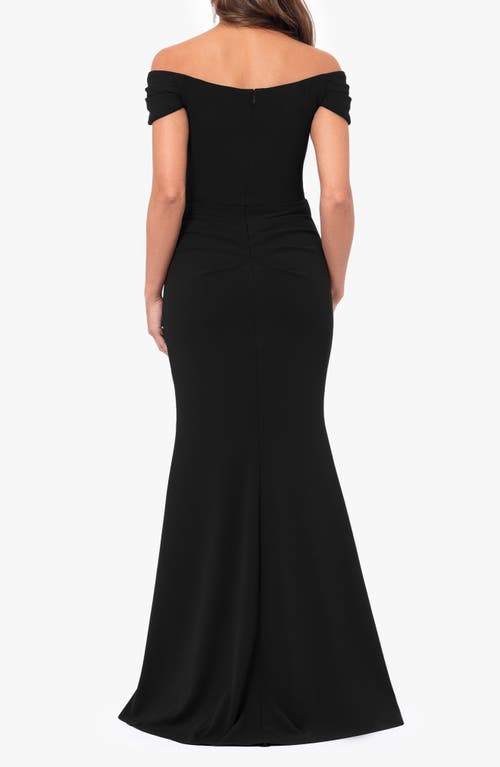 Xscape Evenings Ruched Scuba Off The Shoulder Gown In Black