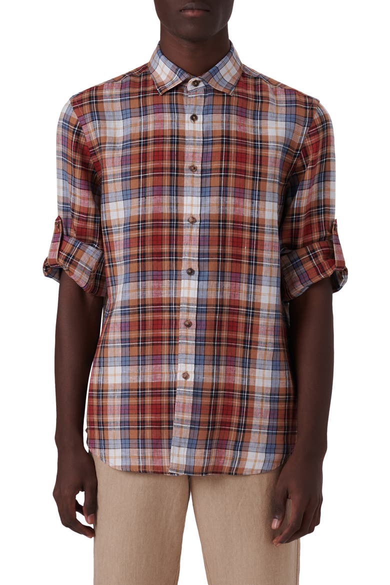 Plaid Linen Button-Up Shirt, Main, color, CARAMEL