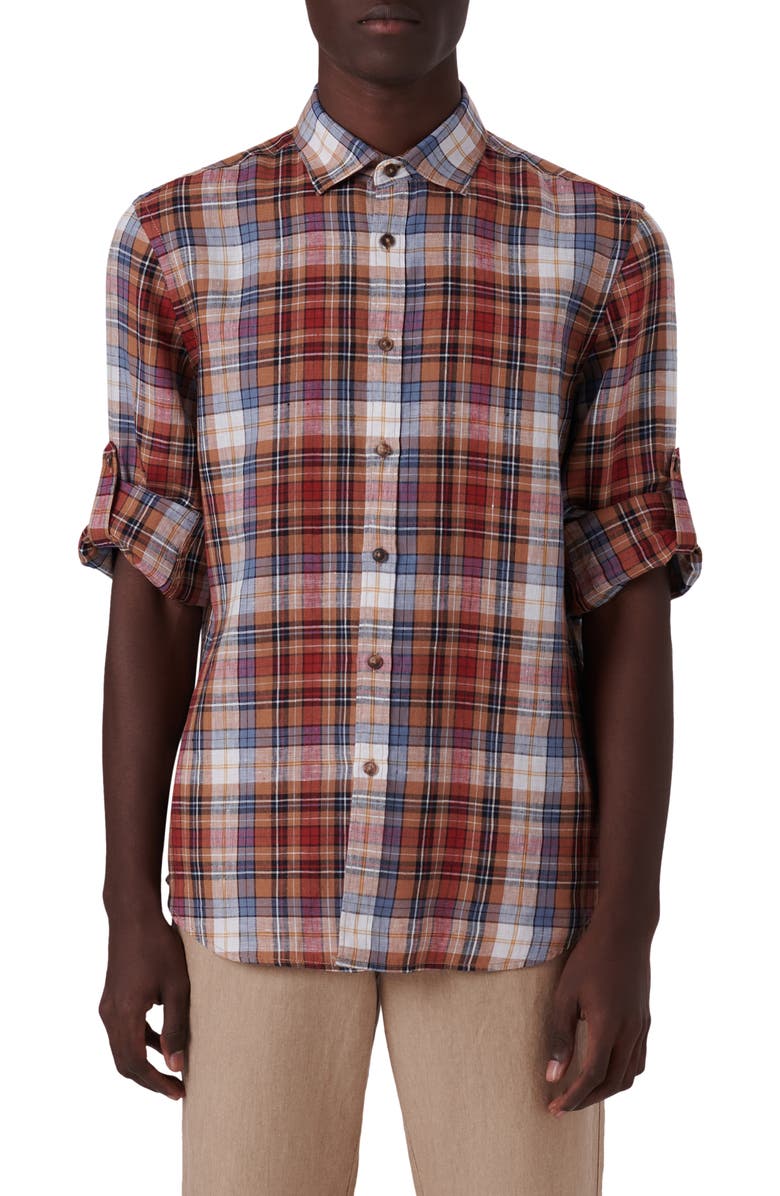 Bugatchi Plaid Linen Button-Up Shirt, Main, color,
