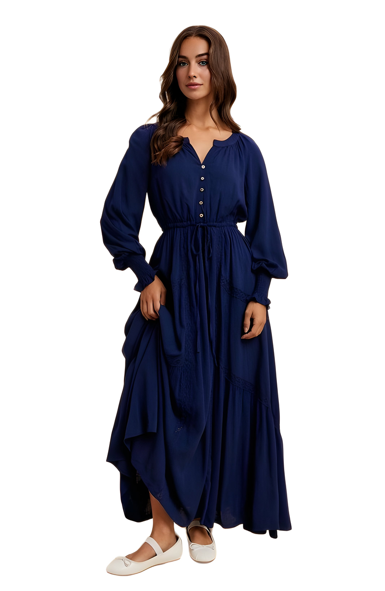 Knit and Lounge Long Sleeve Maxi Dress with Button Detail and Tie Waist, Alternate, color, 