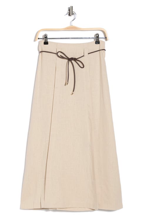 Linen Blend Belted Midi Skirt