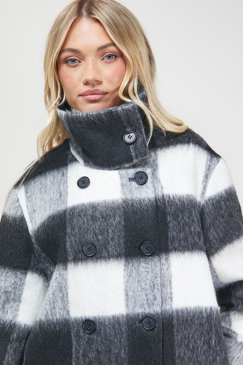 Brushed Check Funnel Neck Coat, Alternate, color, Black