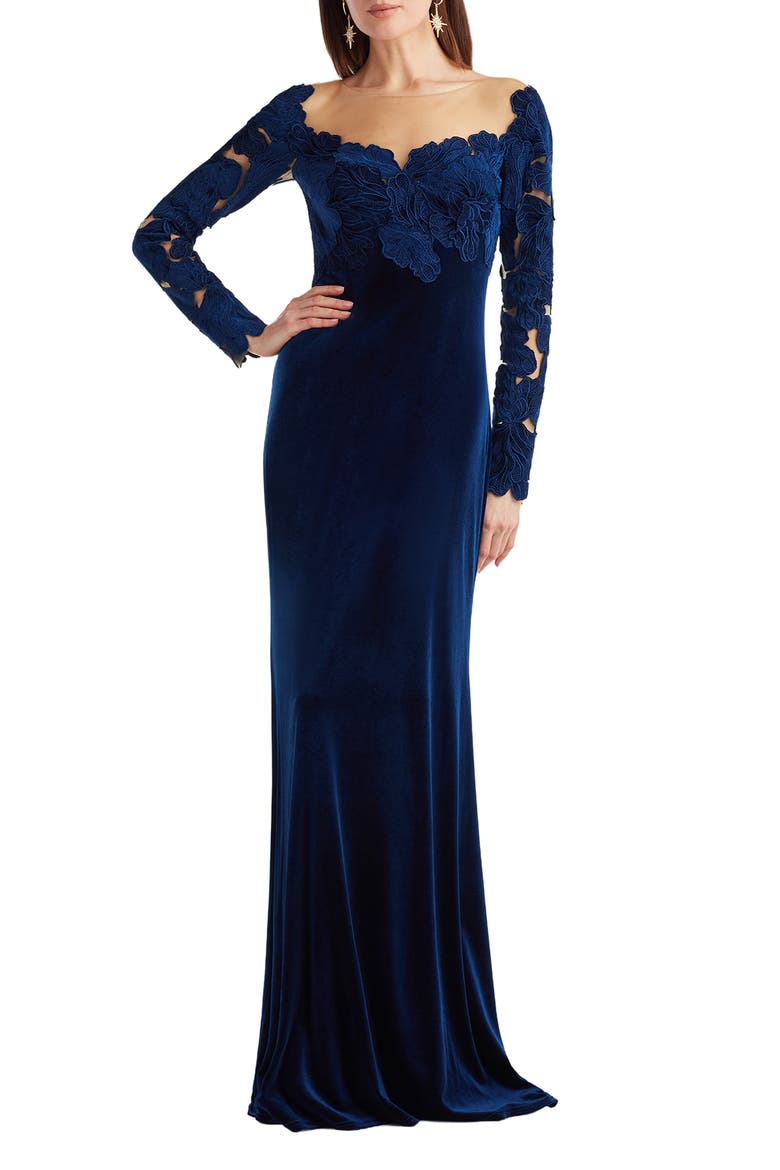 Appliqué Illusion Stretch Velvet Mermaid Gown, Main, color, NAVY