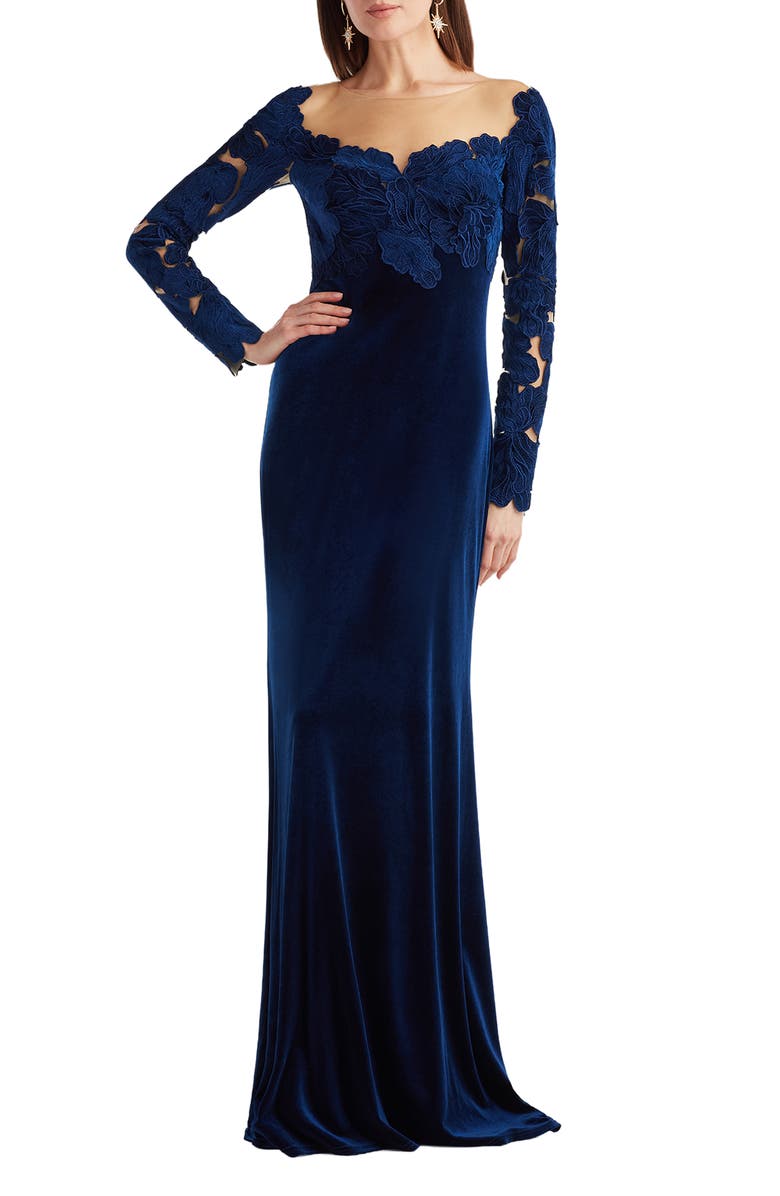 Tadashi Shoji Appliqué Illusion Stretch Velvet Mermaid Gown, Main, color, Navy