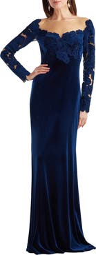 Tadashi Shoji Appliqué Illusion Stretch Velvet Mermaid Gown