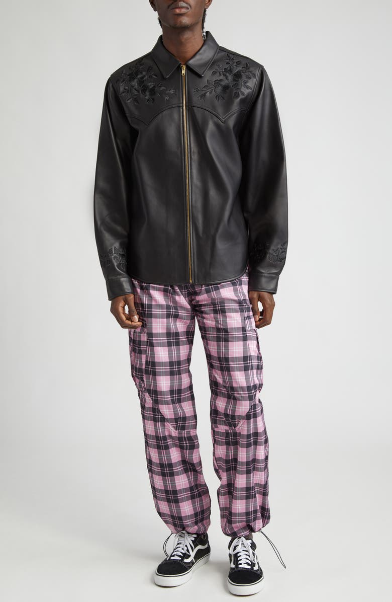 Noon Goons Drop Top Floral Embroidered Lambskin Leather Zip Shirt Jacket, Alternate, color, 