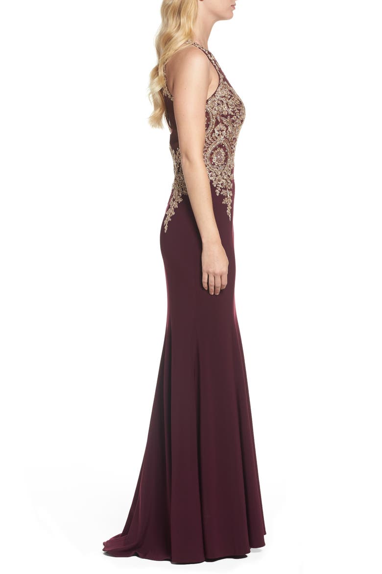 Xscape Embroidered Mermaid Gown, Alternate, color, WINE/ GOLD