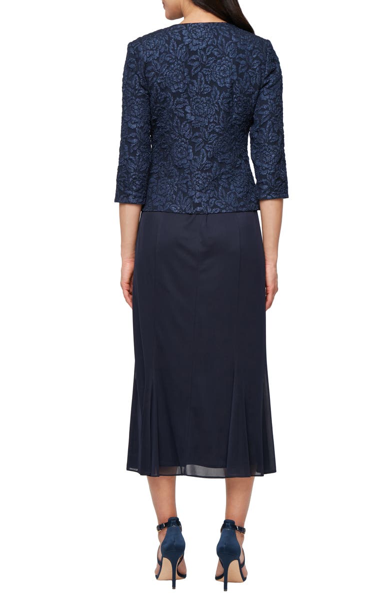 Alex Evenings Jacquard Cocktail Dress with Jacket, Alternate, color, Navy