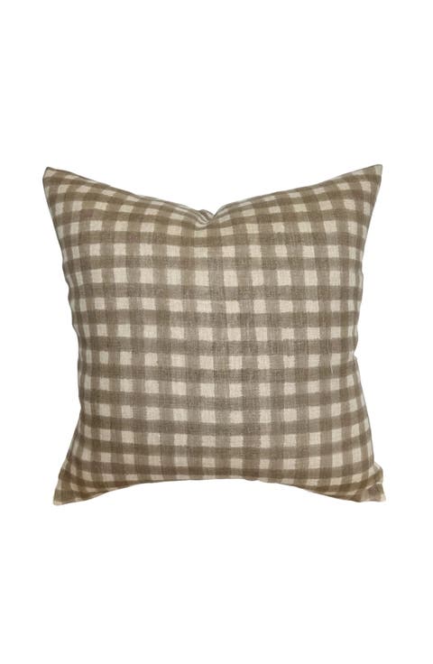 Evan Soft Brown Gingham Handblock Pillow Cover