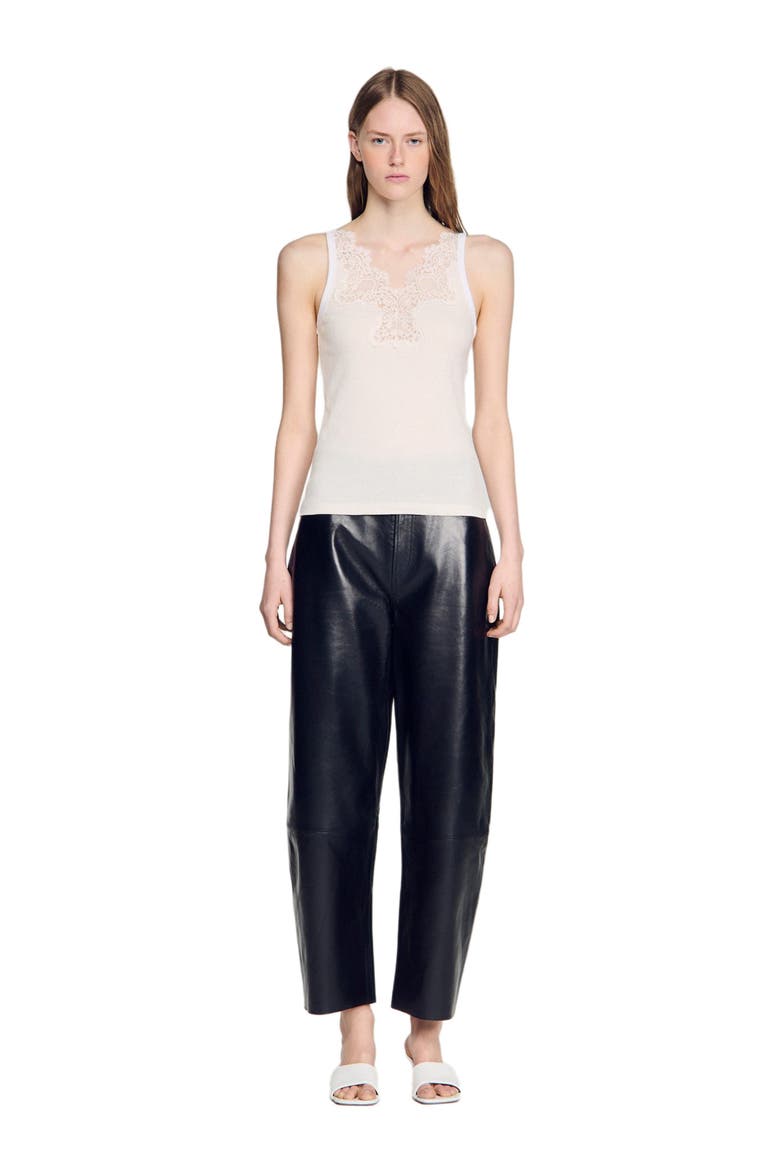 Ribbed vest top with lace, Main, color, Ecru
