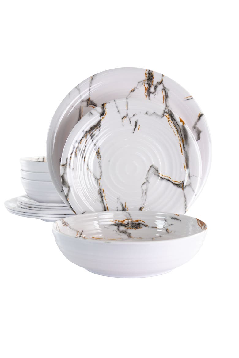 Fine Sculpture 12 Piece Lightweight Melamine Dinnerware Set, Main, color, White