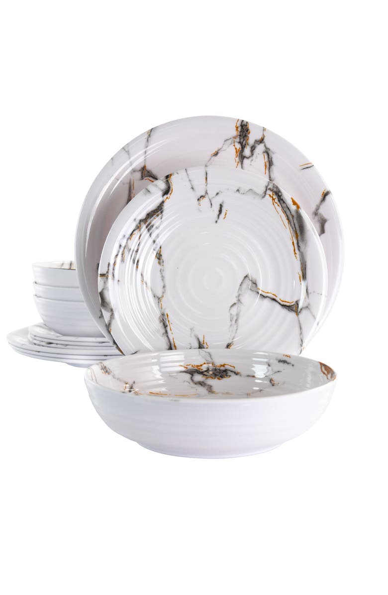 Elama Fine Sculpture 12 Piece Lightweight Melamine Dinnerware Set, Main, color, White