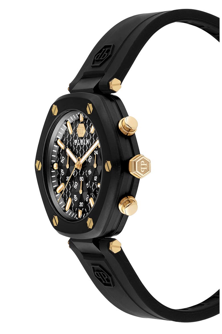 The Hexagon Chronograph Silicone Strap Watch, 42mm, Alternate, color, IP BLACK