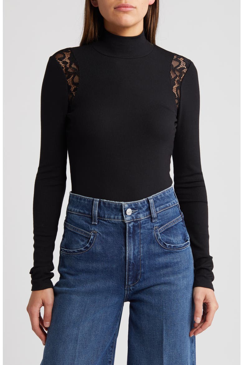 Astora Lace Detail Rib Mock Neck Top, Main, color, BLACK
