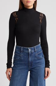 PAIGE Astora Lace Detail Rib Mock Neck Top