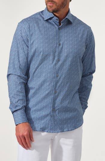 Studio Garnet Los Angeles Micro Dot Stretch Supima Cotton Button-up Shirt In Blue