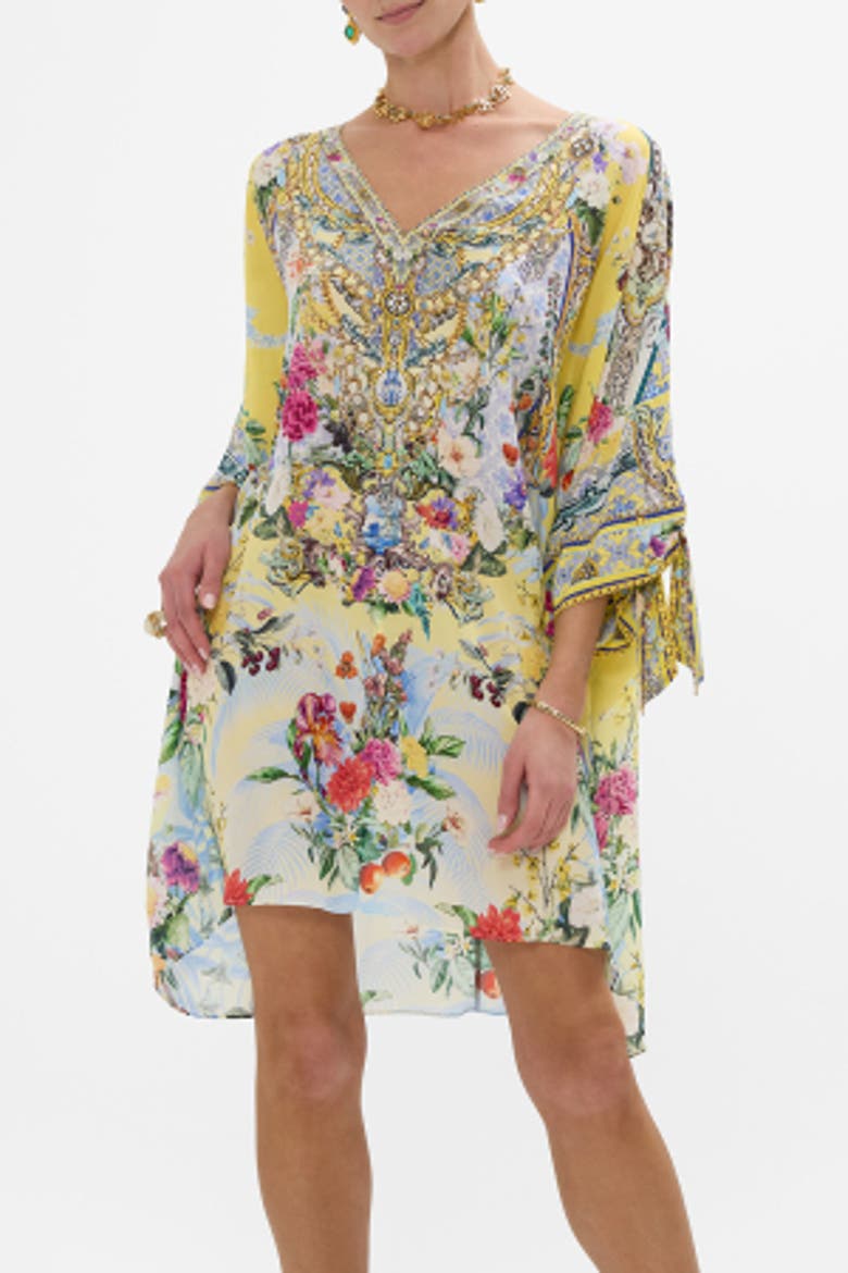 Tie Sleeve Short V Neck Kaftan Flor Fantastica, Alternate, color, Flor Fantastica