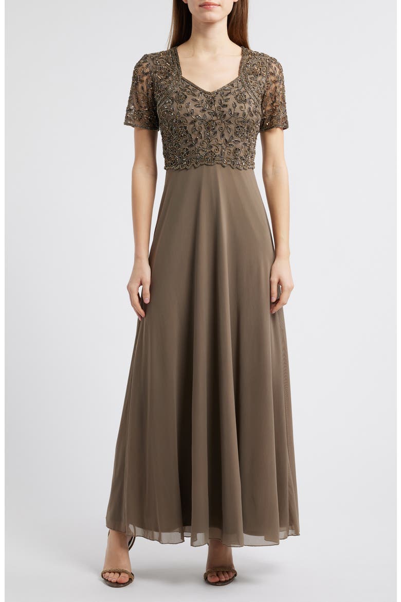 Beaded Bodice A-Line Gown, Main, color, MOCHA 228