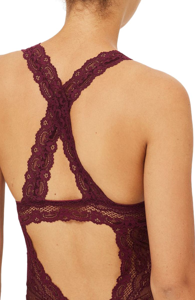 Topshop Cordelia Lace Bodysuit, Alternate, color, Burgundy