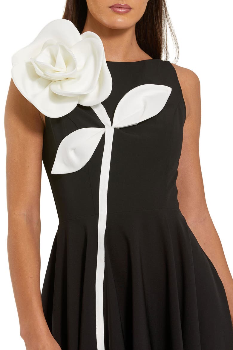 Crepe A Line Midi Dress with 3D Flower, Alternate, color, Black Ivory