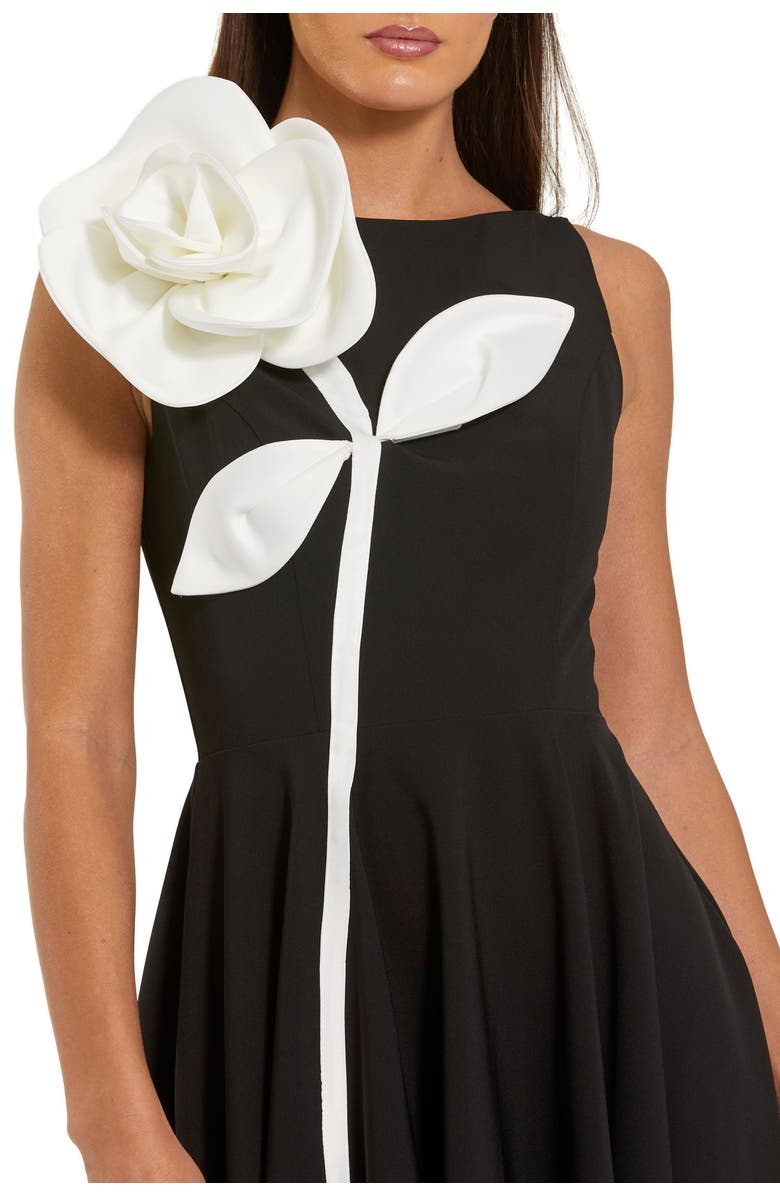 Mac Duggal Crepe A Line Midi Dress with 3D Flower, Alternate, color, Black Ivory