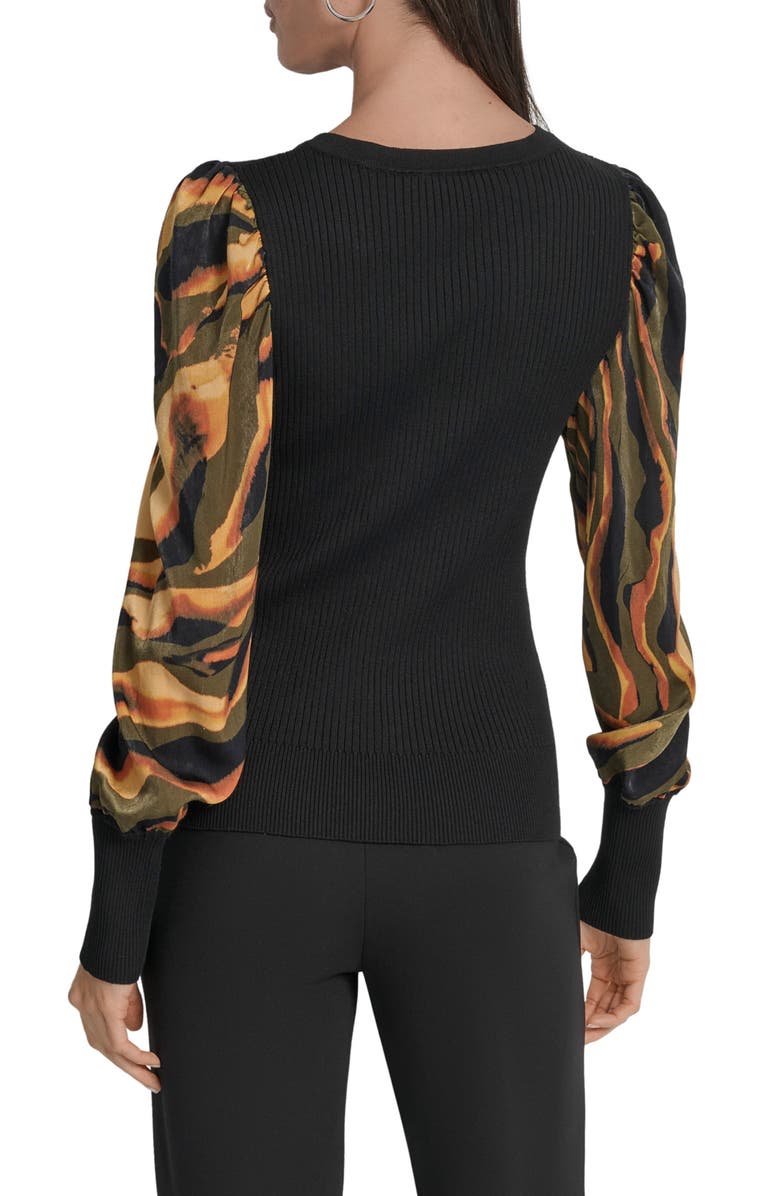 DKNY Rib Puff Shoulder Sweater, Alternate, color, Black/ Ubran Tiger