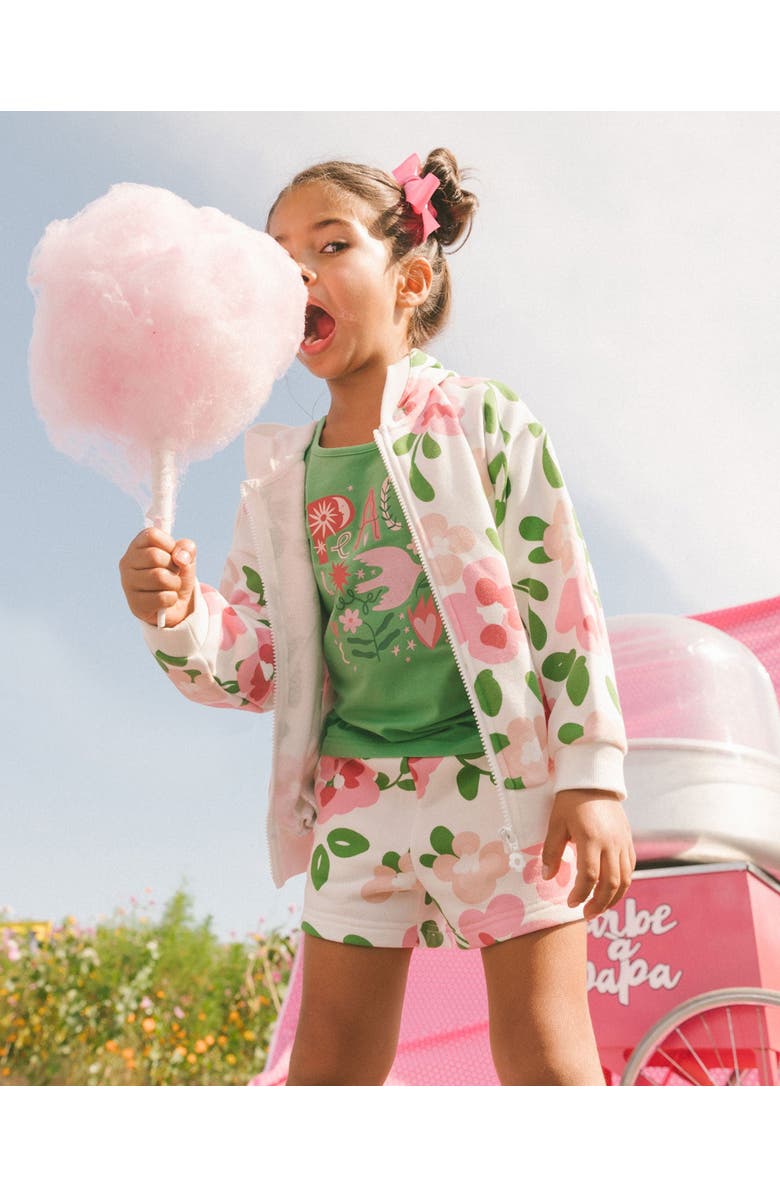 Deux par Deux Girl's Printed French Terry Short Pink Flowers On White Background, Alternate, color, Pink Flowers On White