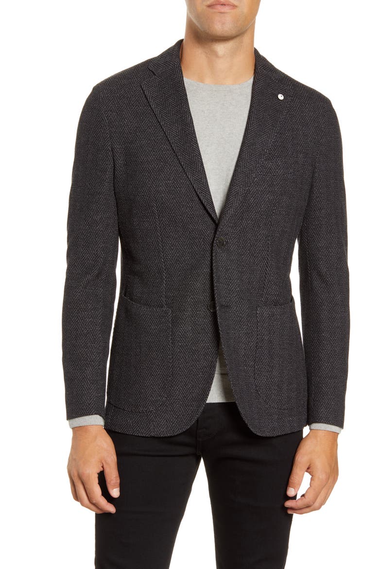 Trim Fit Herringbone Wool & Cotton Sport Coat, Main, color, BLACK