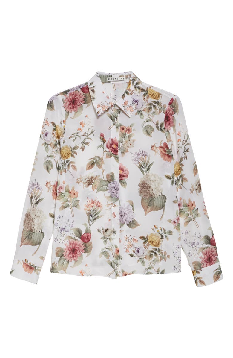 Alice + Olivia Willa Floral Silk Button-Up Shirt, Alternate, color, 
