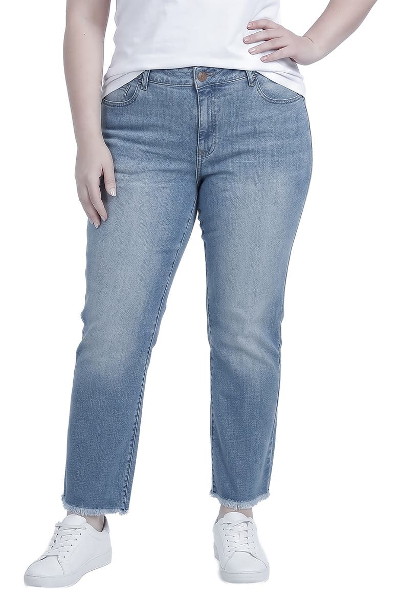 Distressed Straight Leg Boyfriend Jeans, Main, color, BLUE FRAYED
