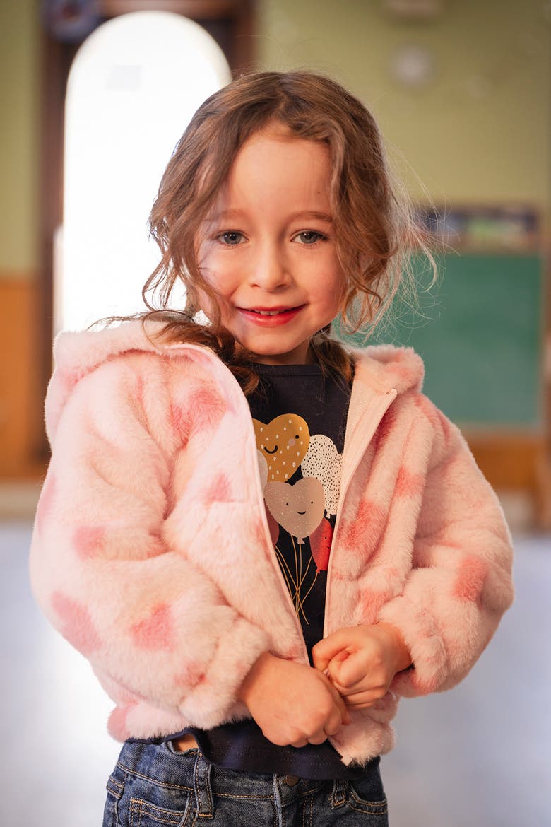 Hooded Full Zip Heart Jacquard Kangaroo Pocket Faux Fur Jacket, Alternate, color, Pink Printed with Hearts