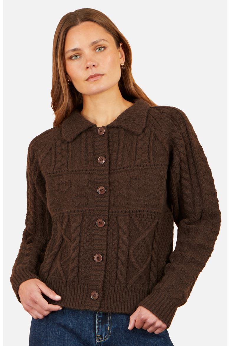Collard Cable Knit Boxy Cardigan, Main, color, Brown