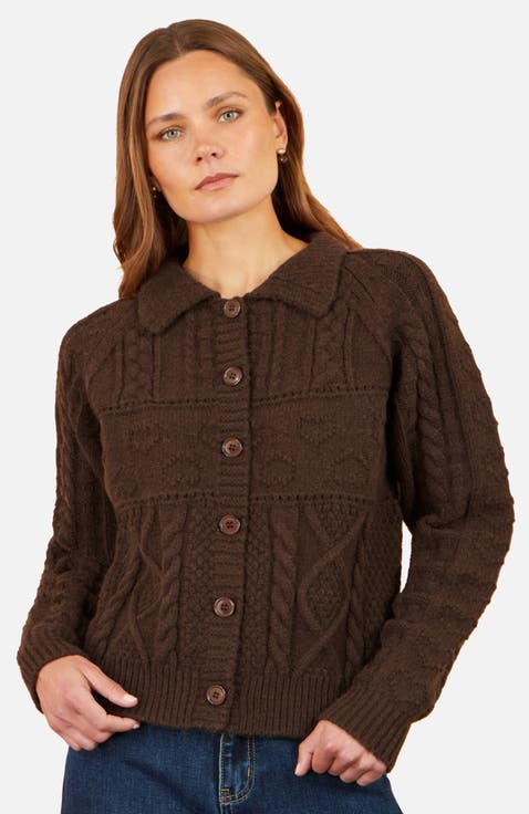 Collard Cable Knit Boxy Cardigan