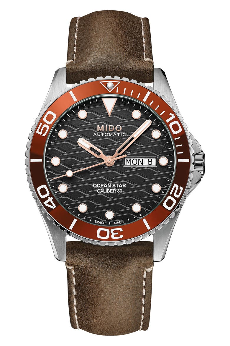 Ocean Star 200C Automatic Leather Strap Watch, 42.5mm, Main, color, BROWN