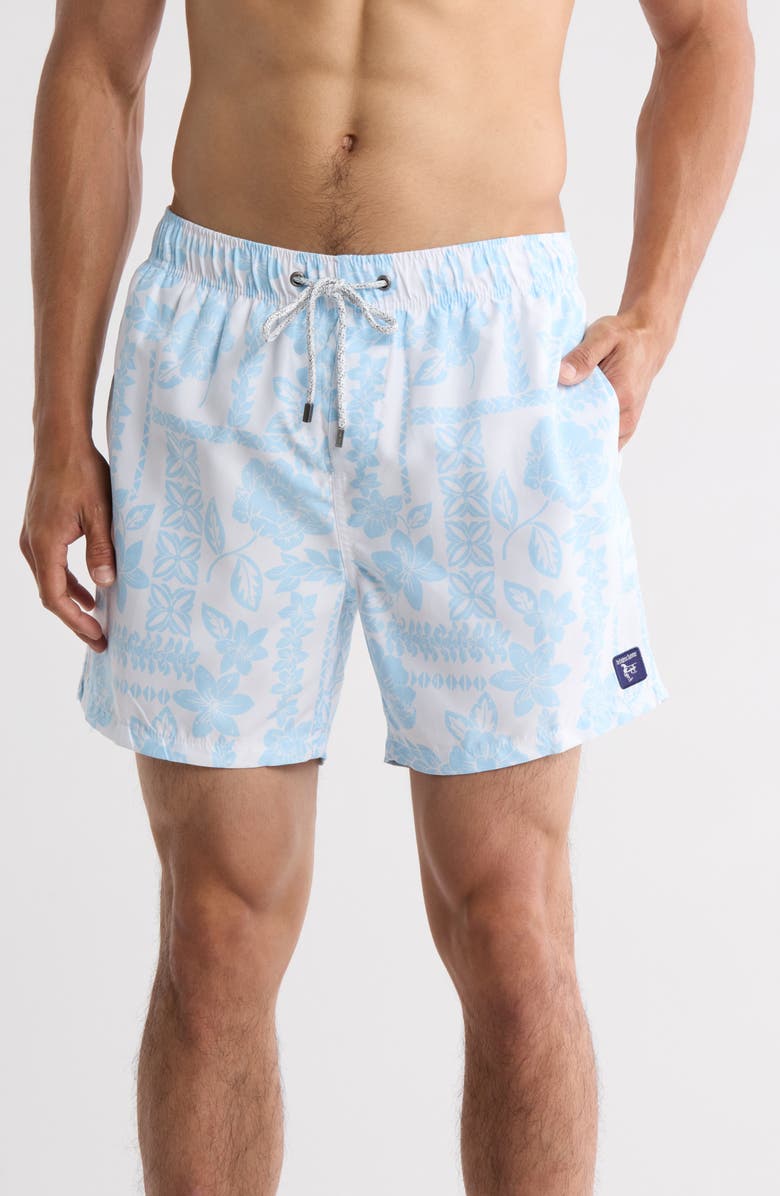 Vintage Summer Lei Border Swim Trunks, Main, color, White