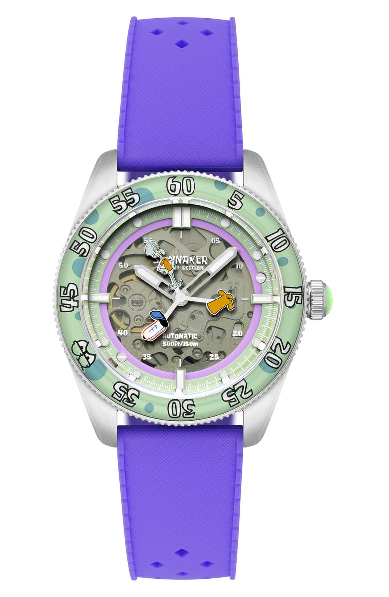 SPINNAKER x SpongeBob SquarePants Croft Midsize Automatic Rubber Strap Watch, 40mm, Main, color, Green