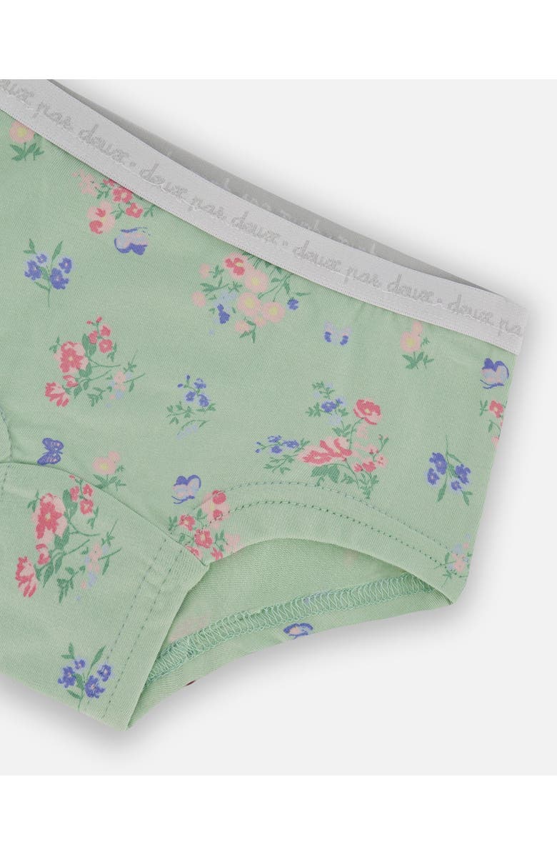 Deux par Deux Girl's Printed Organic Cotton Boyshort Panty Small Pink And Blue Flowers On Light Sage, Alternate, color, Pink And Blue Flowers