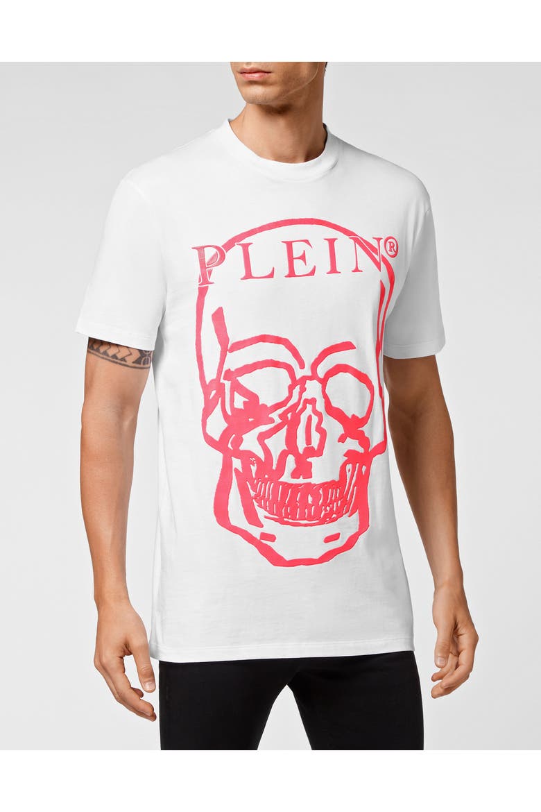 Jersey T-Shirt Round Neck Ss Skull And Plein Unisex, Main, color, white+fuchsia