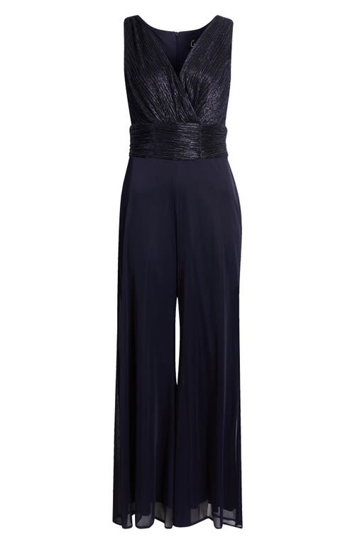 Connected Apparel Metallic Plissé Mixed Media Wide Leg Jumpsuit In Navy