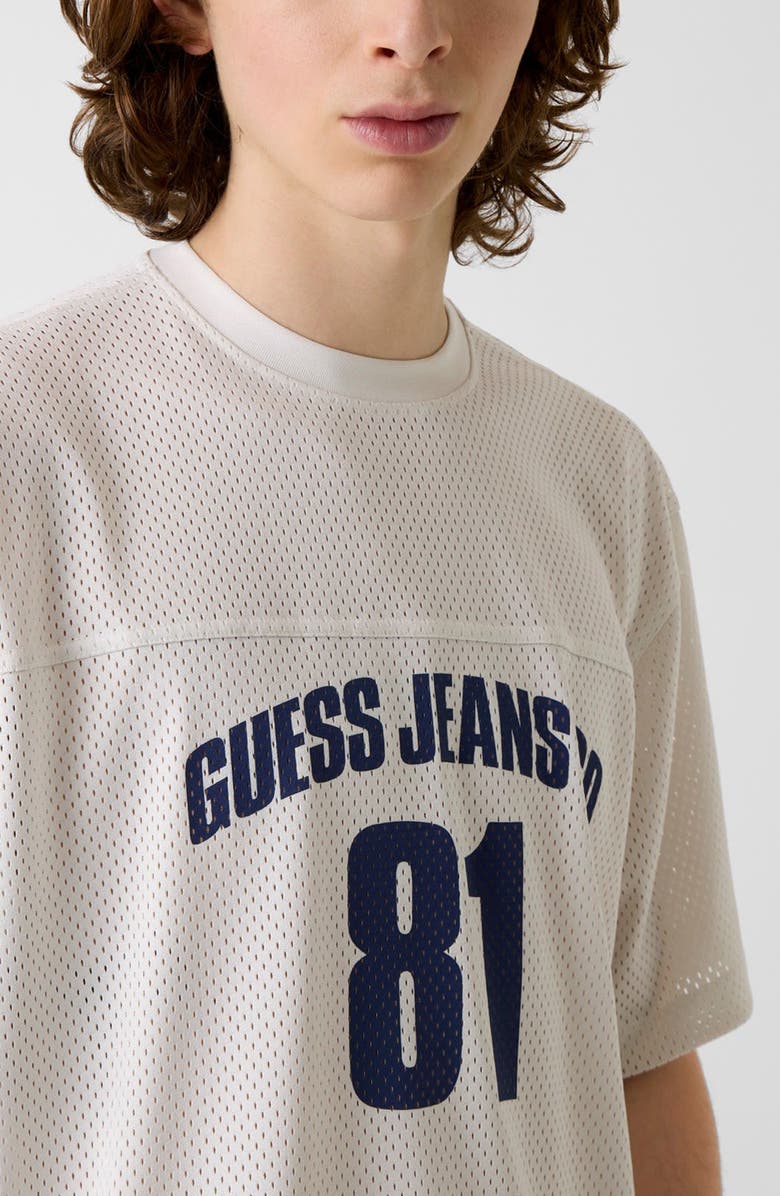 GUESS JEANS Boxy Crop Graphic Mesh Jersey, Alternate, color, White
