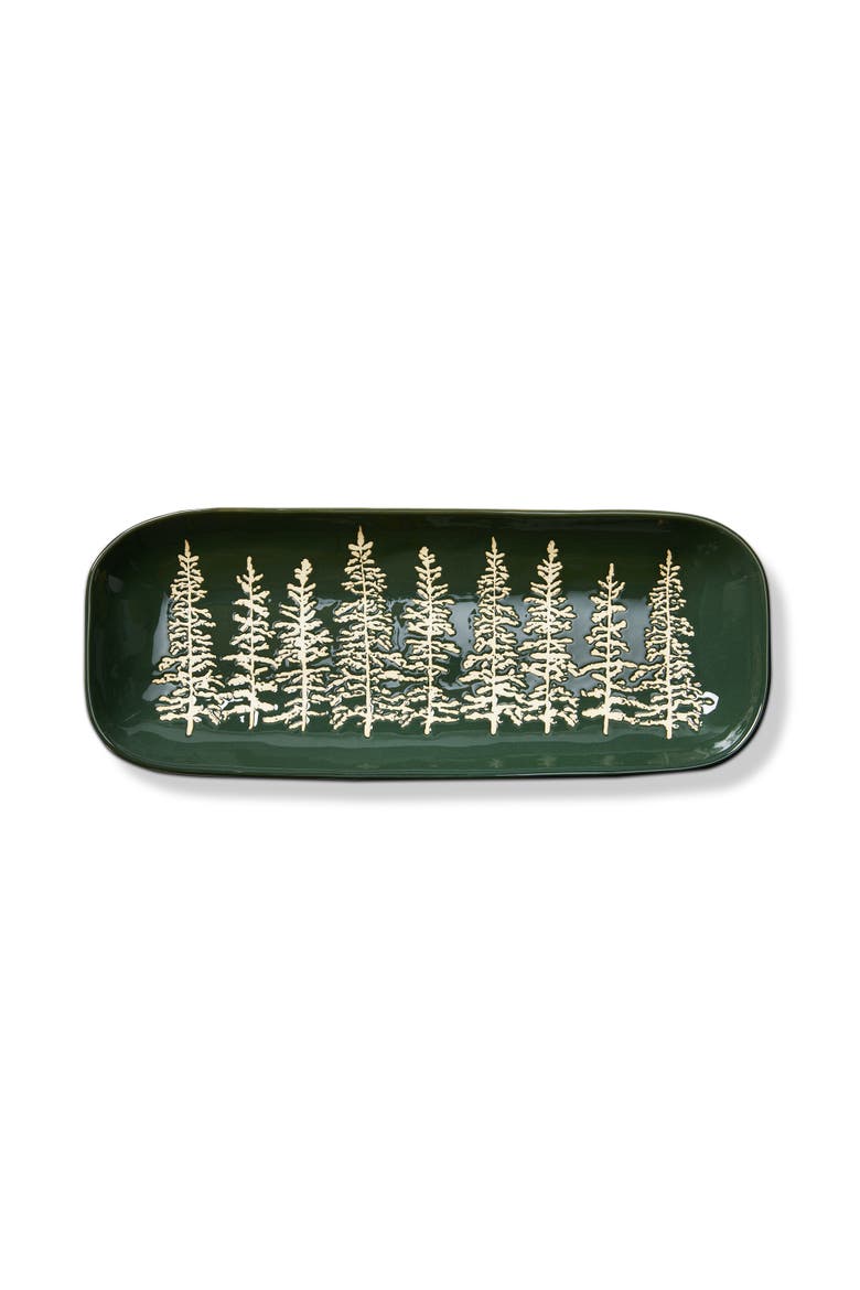 Wilde Pine Tree Rectangle Platter Spruce Stoneware Christmas, Main, color, Green