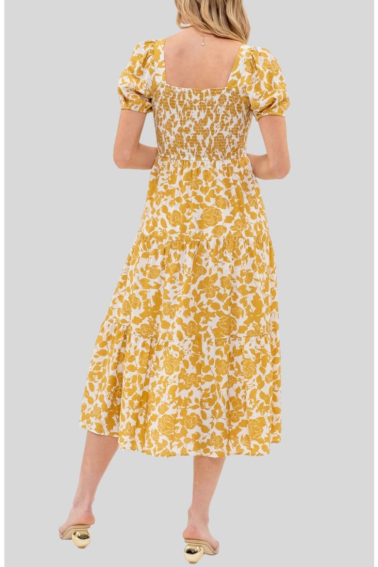 Puff Sleeve Smocked Midi Dress, Alternate, color, DUSTY YELLOW MULTI