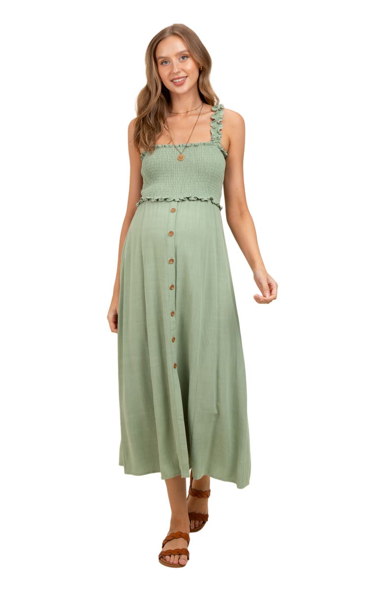 PinkBlush Smocked Button Front Linen Blend Midi Dress, Alternate, color, Light Olive