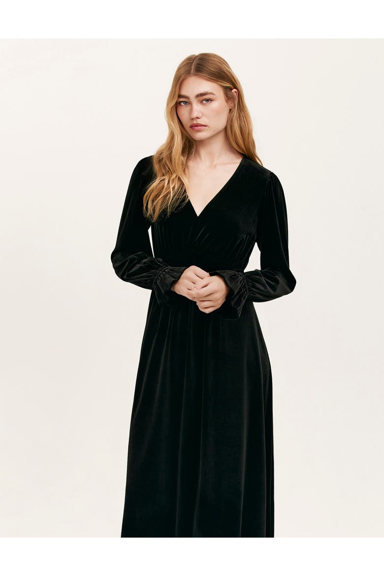 Laila Velvet V-Neck Midi Dress, Alternate, color, Black